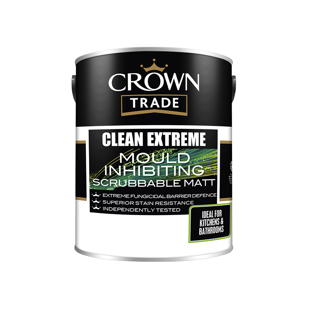 Crown Trade - Clean Extreme Mould Inhibiting Anti-Bacterial Scrubbable Matt Emulsion - White - 5L