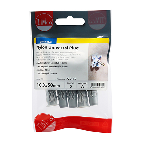 TIMco 10.0 x 50mm (For Screw Size: 5/6mm) Nylon Universal Plug (Bag of 5)