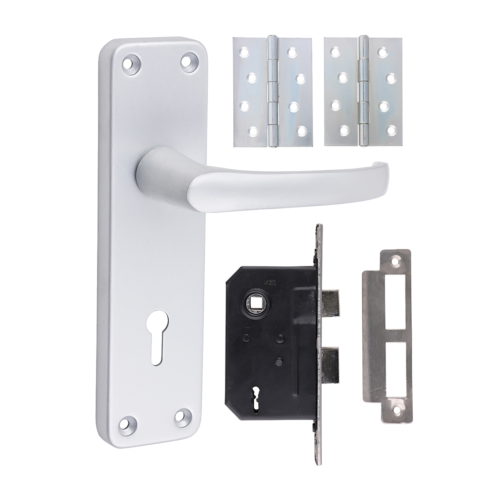 Timco Contractors 3L 154mm x 40mm Lock Door Pack (Handle, Latch, Hinges) - Satin Anodised Aluminium