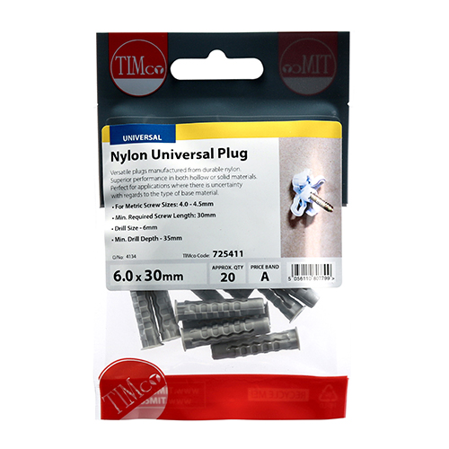 TIMco 6.0 x 30mm (For Screw Size: 4/4.5mm) Nylon Universal Plug (Bag of 20)