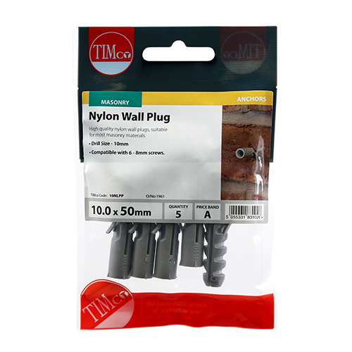 TIMco 10.0 x 50mm (For Screw Size: 6/6.5/8mm) Nylon Plug (Bag of 5)