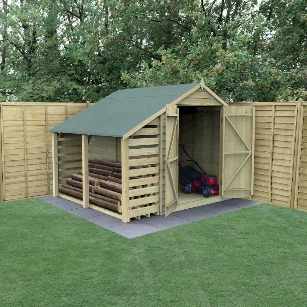 Forest Garden DTS Overlap Pressure Treated 6x8 Apex Shed - Double Door No Window with Lean To 