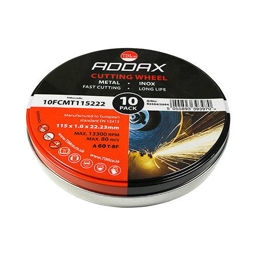 Addax Thin Metal Cutting Flat Abrasive Disc: 115 x 1.0 x 22.2mm (Tin of 10)