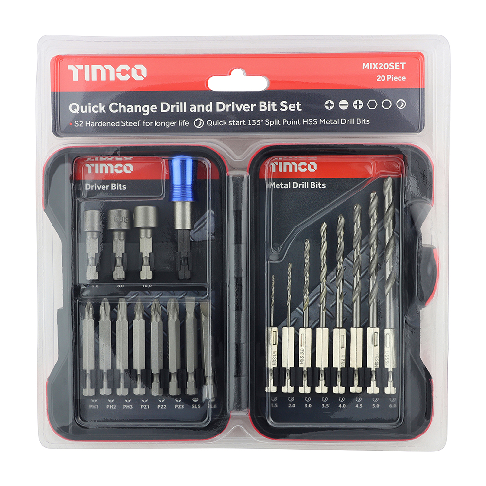 TIMco 20 Piece Driver Bit & Ground Jobber Drill Bit Set