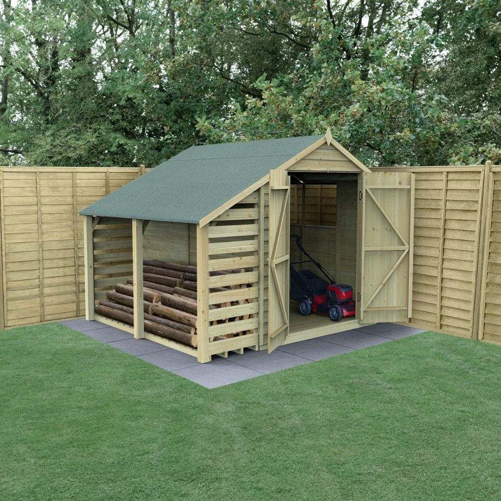 Forest Garden DTS Overlap Pressure Treated 6x8 Apex Shed - Double Door No Window with Lean To 