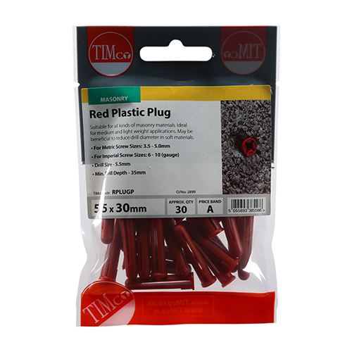 TIMco Timbag Red P3 Plastic Wall Plugs (For Screw Size: 3.5/4/4.5/5mm) (Bag of 30)